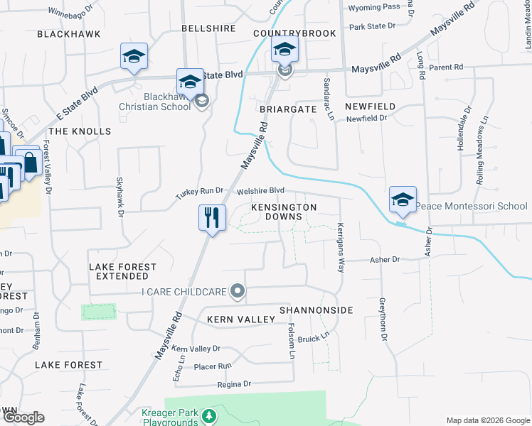 map of restaurants, bars, coffee shops, grocery stores, and more near 7411 Bent Willow Drive in Fort Wayne