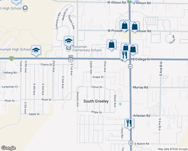 map of restaurants, bars, coffee shops, grocery stores, and more near 613 Grape Street in Cheyenne