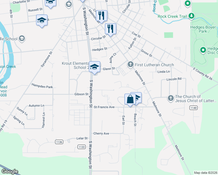 map of restaurants, bars, coffee shops, grocery stores, and more near 63 Orchard Park in Tiffin