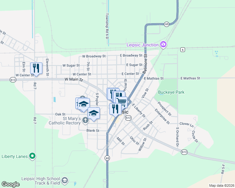 map of restaurants, bars, coffee shops, grocery stores, and more near 115 South Commercial Street in Leipsic