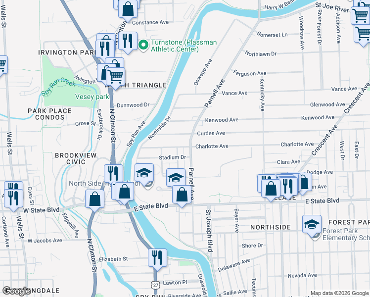 map of restaurants, bars, coffee shops, grocery stores, and more near 2614-2698 Pleasant Avenue in Fort Wayne