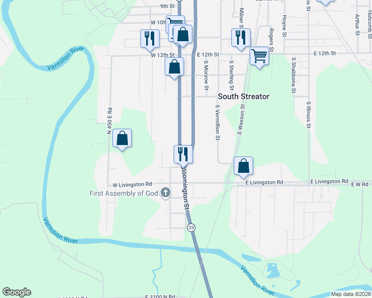map of restaurants, bars, coffee shops, grocery stores, and more near 1621 South Bloomington Street in Streator