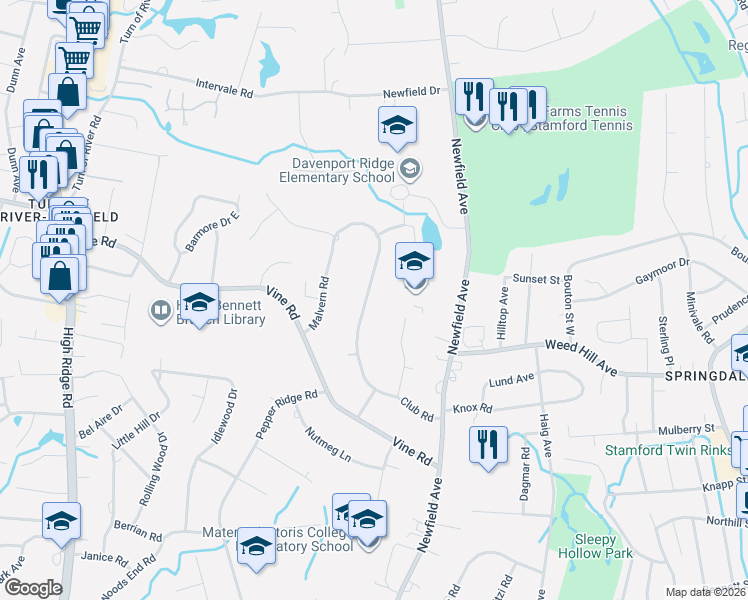 map of restaurants, bars, coffee shops, grocery stores, and more near 165 Club Road in Stamford