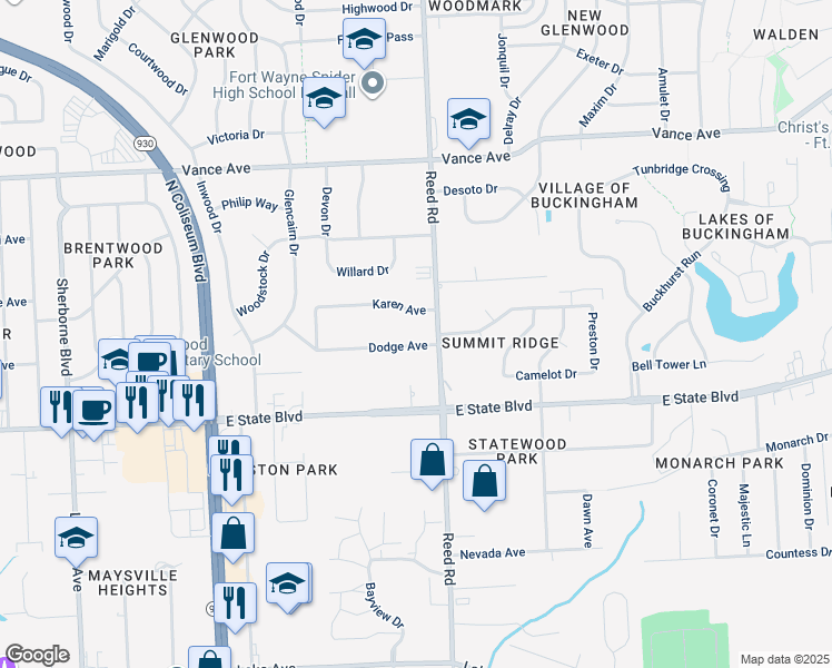 map of restaurants, bars, coffee shops, grocery stores, and more near 4715 Dodge Avenue in Fort Wayne