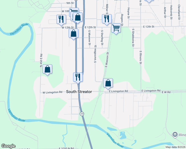 map of restaurants, bars, coffee shops, grocery stores, and more near 1616 South Vermillion Street in Streator
