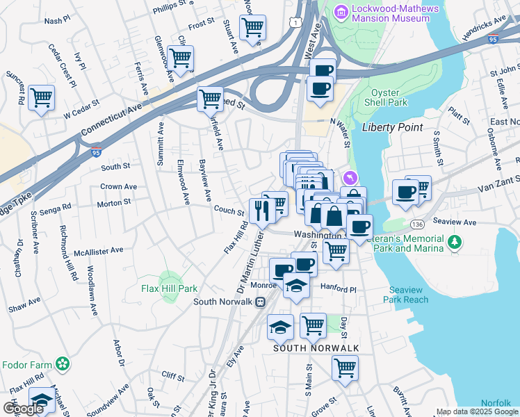 map of restaurants, bars, coffee shops, grocery stores, and more near 50 Doctor Martin Luther King Junior Drive in Norwalk