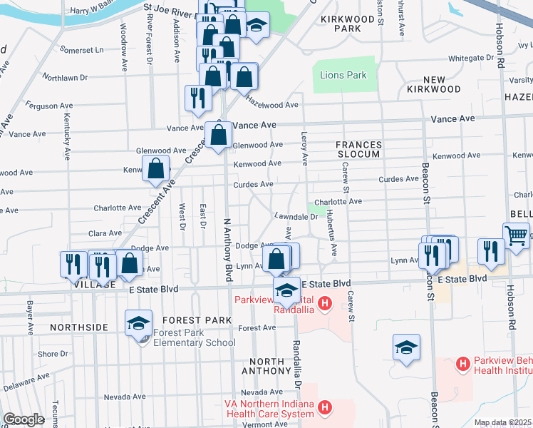 map of restaurants, bars, coffee shops, grocery stores, and more near 1940 Lawndale Drive in Fort Wayne