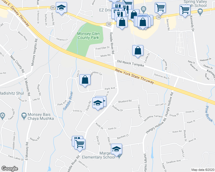 map of restaurants, bars, coffee shops, grocery stores, and more near 8 Park Avenue in Airmont