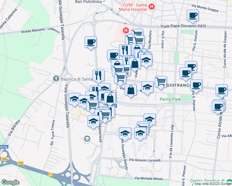 map of restaurants, bars, coffee shops, grocery stores, and more near 1 Via Che Guevara in Bari