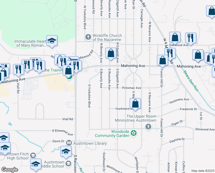 map of restaurants, bars, coffee shops, grocery stores, and more near 101 South Roanoke Avenue in Youngstown
