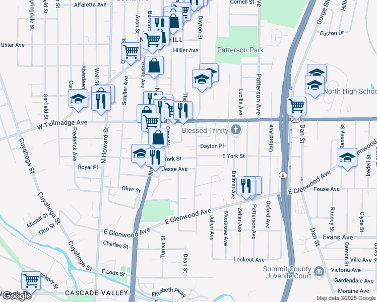 map of restaurants, bars, coffee shops, grocery stores, and more near 194 Woodward Court in Akron