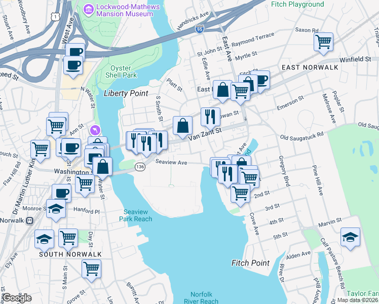 map of restaurants, bars, coffee shops, grocery stores, and more near 31 Betts Place in Norwalk