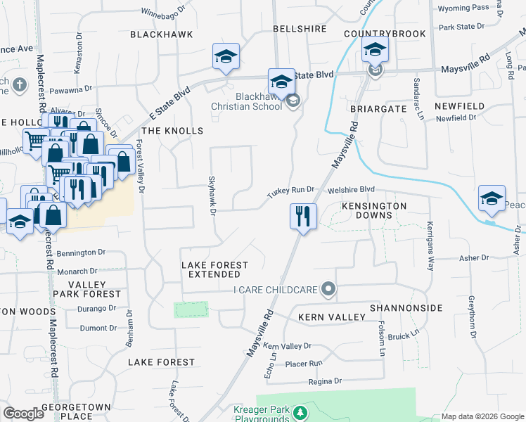 map of restaurants, bars, coffee shops, grocery stores, and more near 7302 Turkey Run Drive in Fort Wayne