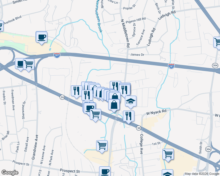 map of restaurants, bars, coffee shops, grocery stores, and more near 18 Fenner Lane in Nanuet