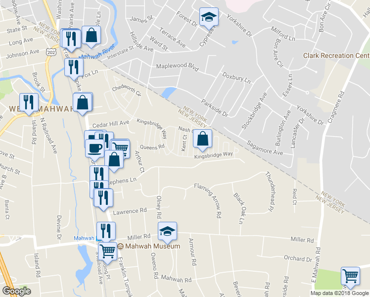 map of restaurants, bars, coffee shops, grocery stores, and more near 2218 Lancaster Court in Mahwah
