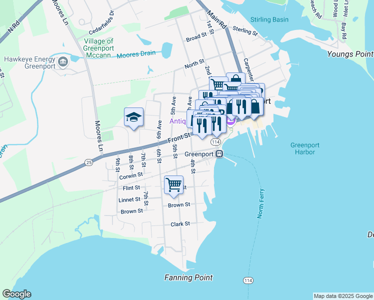 map of restaurants, bars, coffee shops, grocery stores, and more near 401 Wiggins Street in Greenport