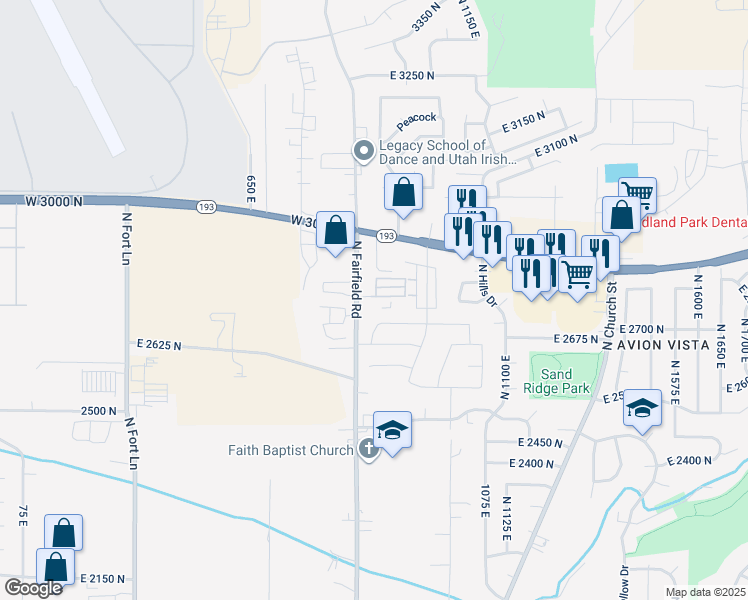 map of restaurants, bars, coffee shops, grocery stores, and more near 2750 North Fairfield Road in Layton