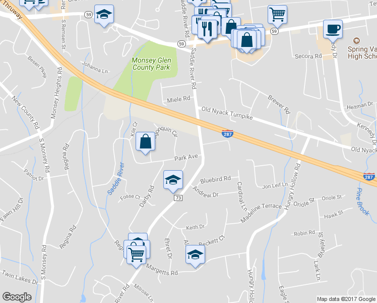 map of restaurants, bars, coffee shops, grocery stores, and more near 6 Park Ave in Airmont