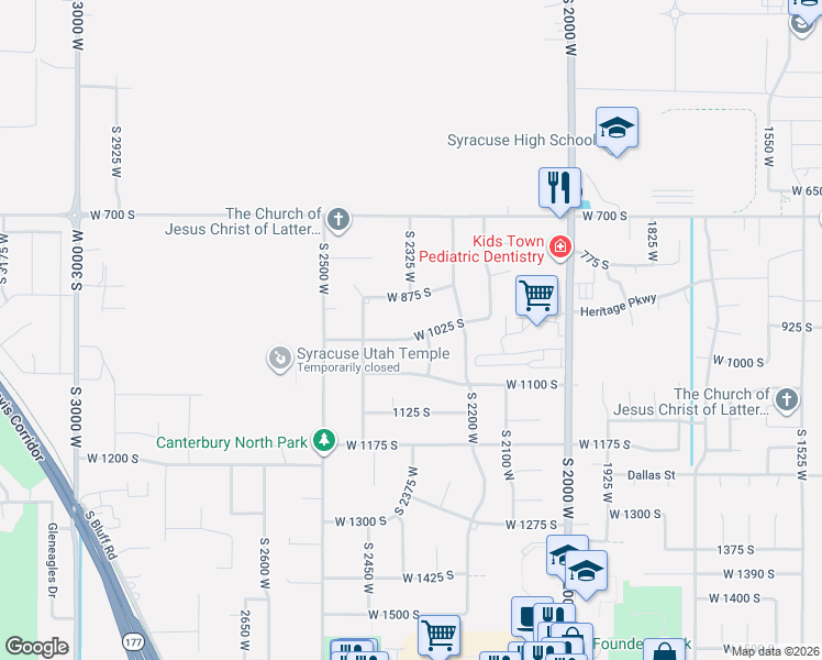 map of restaurants, bars, coffee shops, grocery stores, and more near 2324 West 1025 South in Syracuse