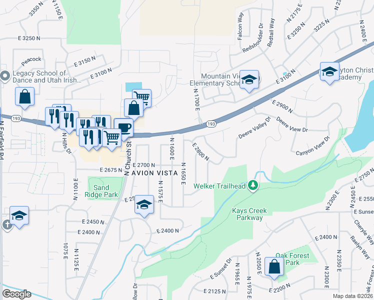 map of restaurants, bars, coffee shops, grocery stores, and more near 2745 North 1650 East in Layton