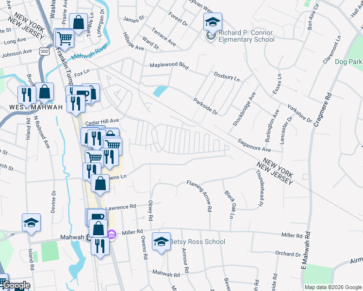 map of restaurants, bars, coffee shops, grocery stores, and more near 2247 Margaret Court in Mahwah
