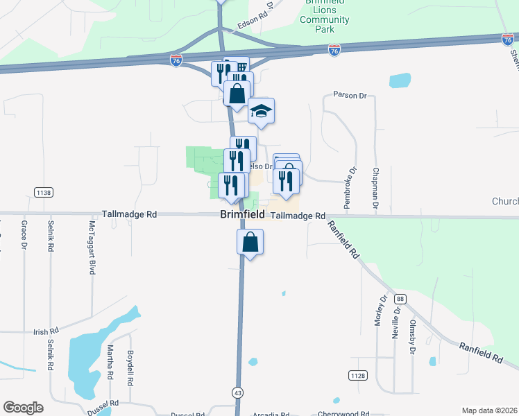 map of restaurants, bars, coffee shops, grocery stores, and more near 1343 Tallmadge Road in Kent