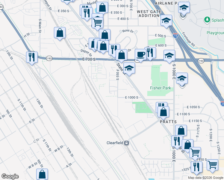 map of restaurants, bars, coffee shops, grocery stores, and more near 960 South 550 East in Clearfield