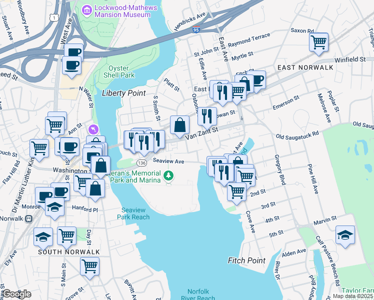 map of restaurants, bars, coffee shops, grocery stores, and more near 20 Betts Place in Norwalk