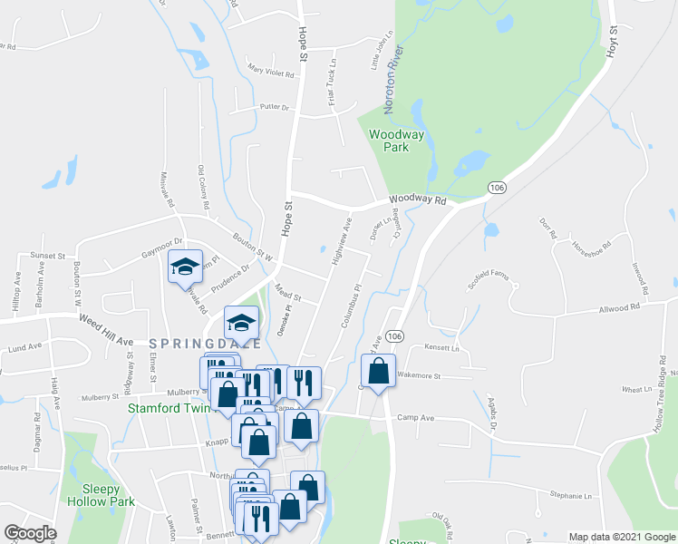 map of restaurants, bars, coffee shops, grocery stores, and more near 120 Columbus Place in Stamford