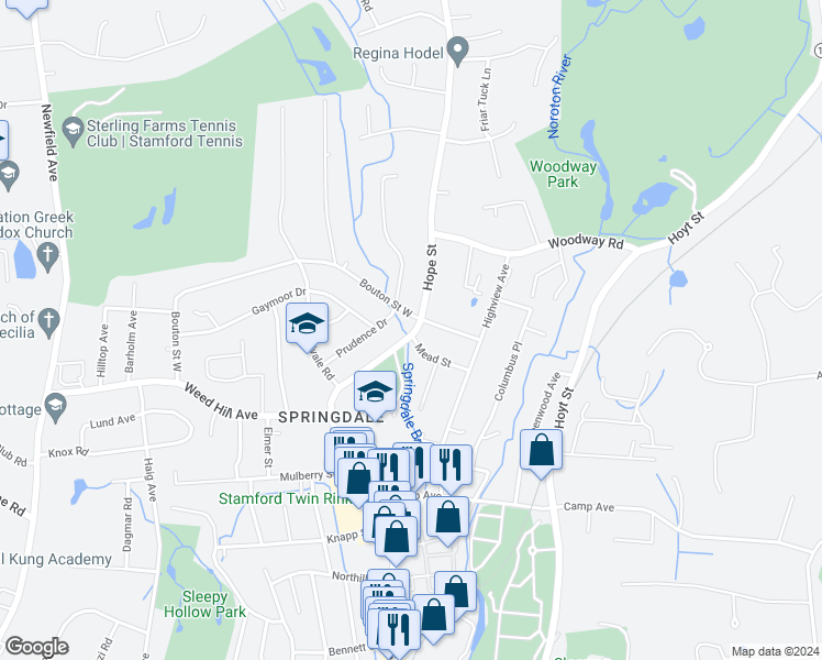 map of restaurants, bars, coffee shops, grocery stores, and more near 10 Mead Street in Stamford