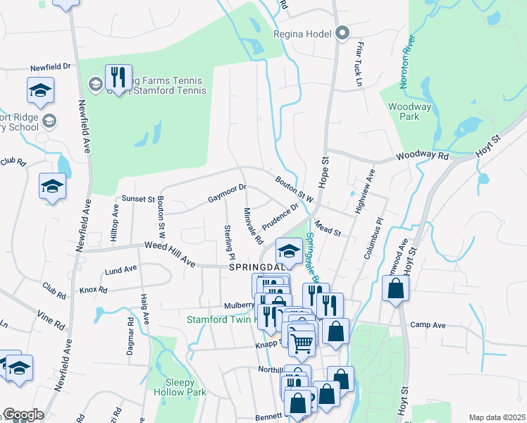map of restaurants, bars, coffee shops, grocery stores, and more near 30 Prudence Drive in Stamford