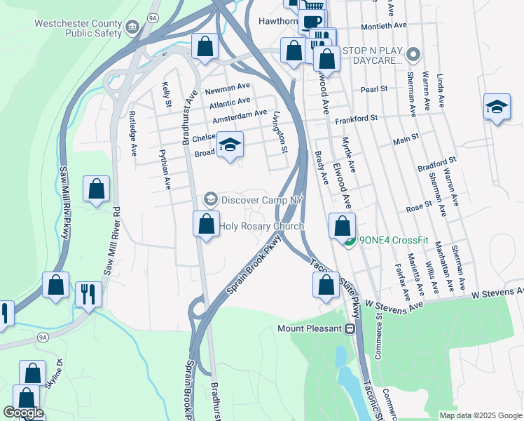 map of restaurants, bars, coffee shops, grocery stores, and more near 49 Chateau Hill in Hawthorne