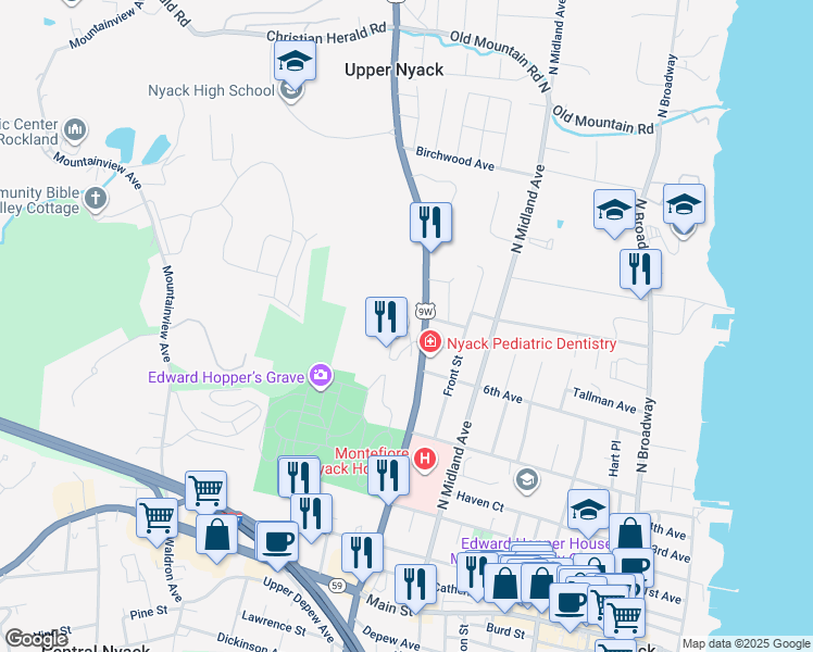 map of restaurants, bars, coffee shops, grocery stores, and more near 44 Village Gate Way in Nyack