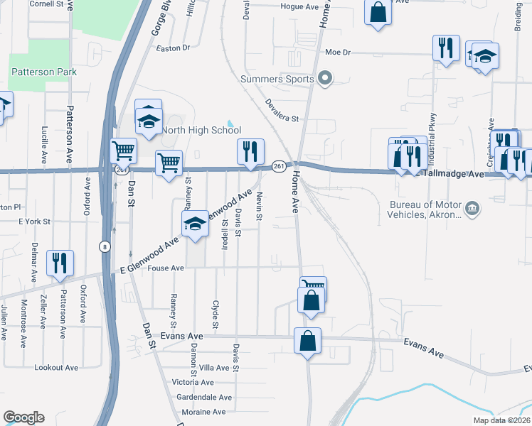 map of restaurants, bars, coffee shops, grocery stores, and more near 975 Nevin Street in Akron
