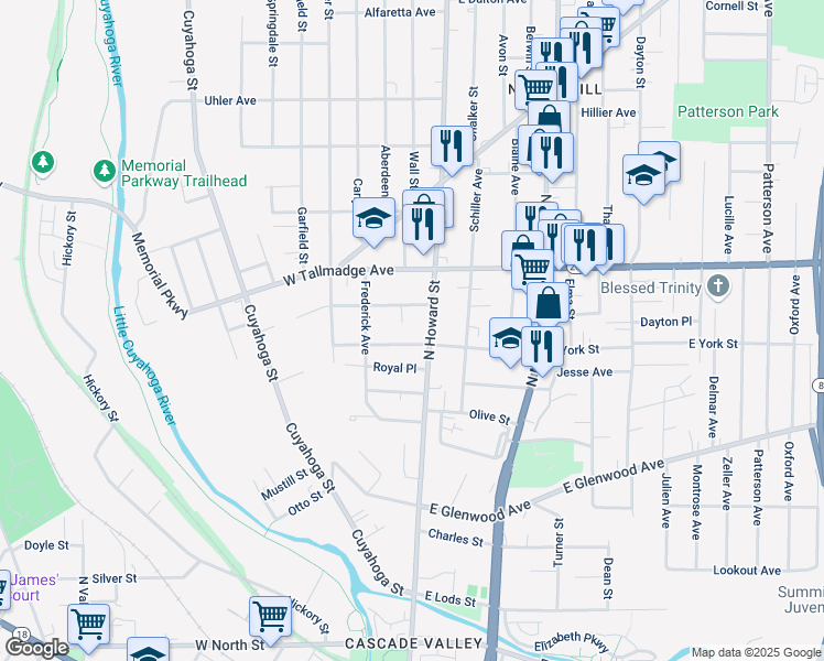 map of restaurants, bars, coffee shops, grocery stores, and more near 3 West York Street in Akron
