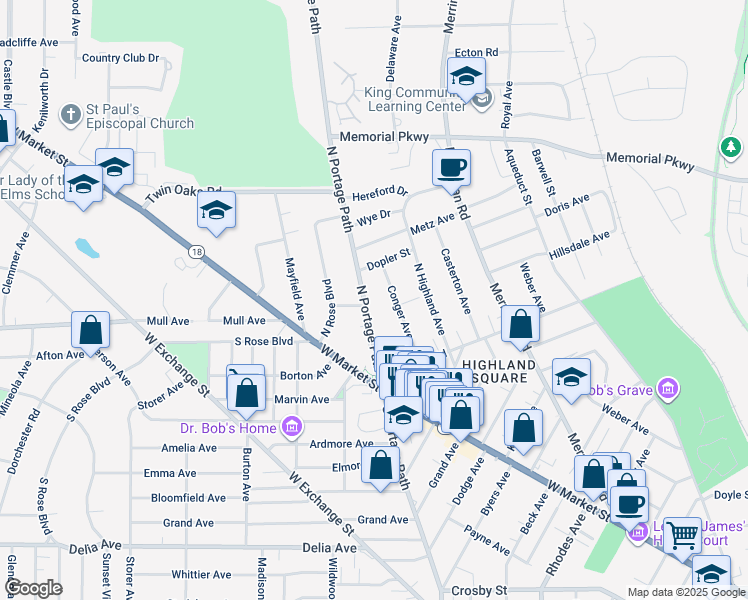 map of restaurants, bars, coffee shops, grocery stores, and more near 95 North Portage Path in Akron