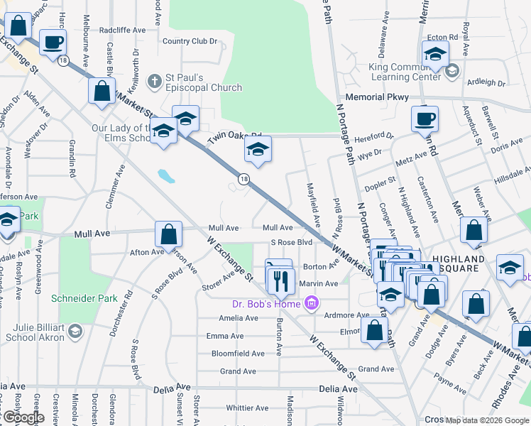 map of restaurants, bars, coffee shops, grocery stores, and more near 59 Mull Avenue in Akron