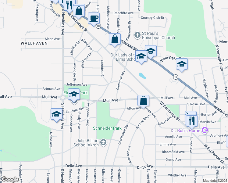 map of restaurants, bars, coffee shops, grocery stores, and more near 222 Clemmer Avenue in Akron