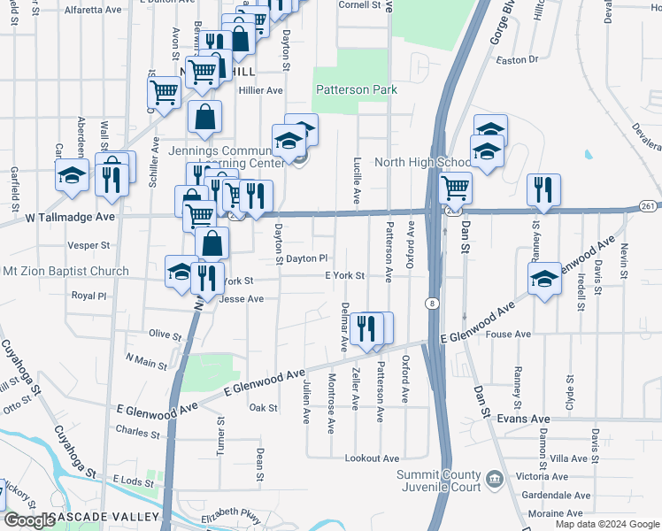 map of restaurants, bars, coffee shops, grocery stores, and more near 546 Columbia Avenue in Akron