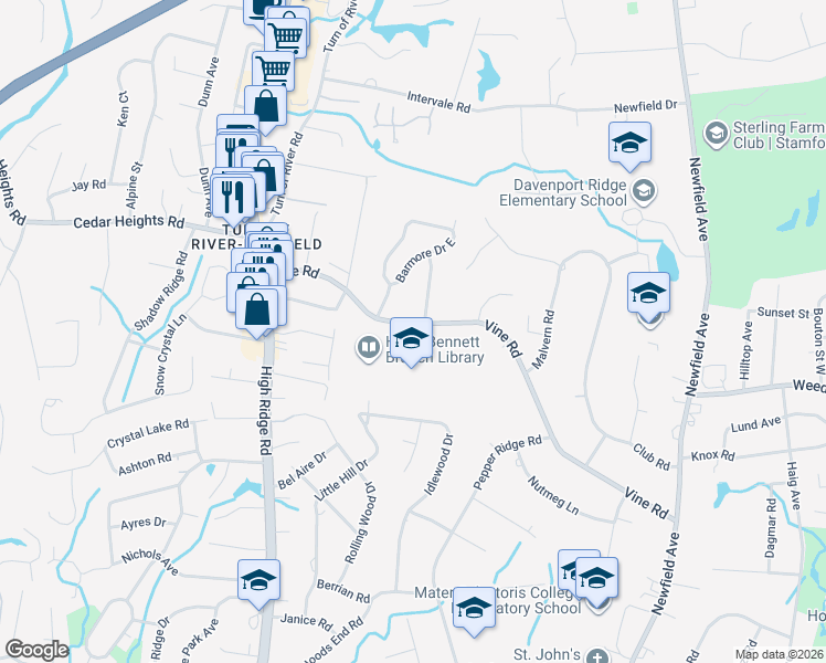 map of restaurants, bars, coffee shops, grocery stores, and more near 133 Vine Road in Stamford