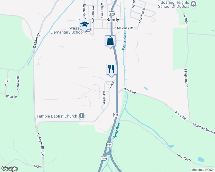 map of restaurants, bars, coffee shops, grocery stores, and more near 194 Lincoln Drive in DuBois