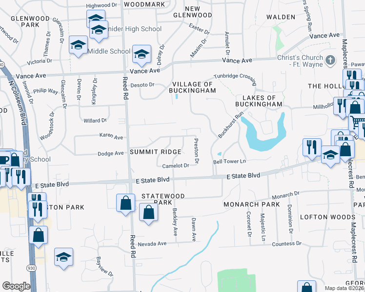 map of restaurants, bars, coffee shops, grocery stores, and more near 2429 Berkley Avenue in Fort Wayne