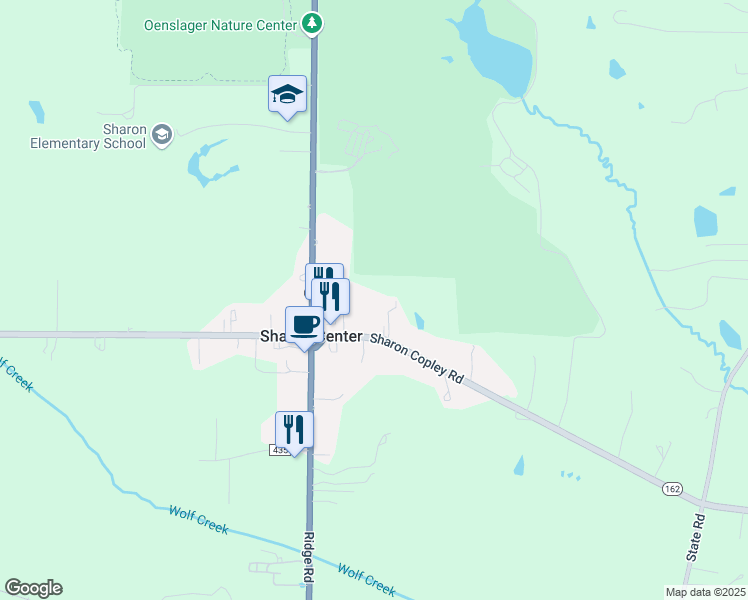 map of restaurants, bars, coffee shops, grocery stores, and more near 1299 Sharon Copley Road in Sharon Center