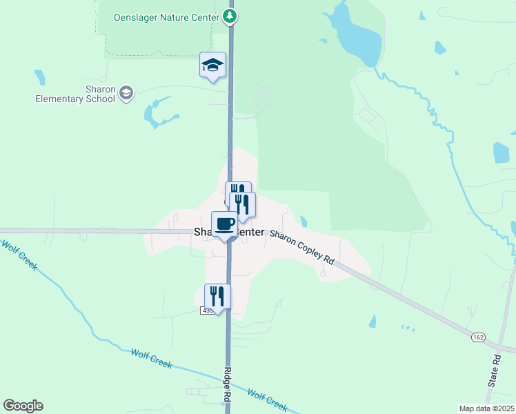 map of restaurants, bars, coffee shops, grocery stores, and more near 1299 Sharon Copley Road in Sharon Center