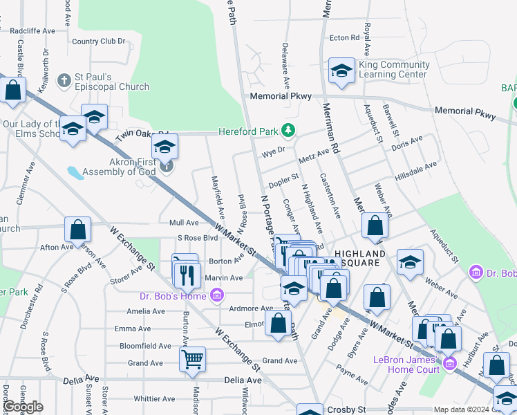 map of restaurants, bars, coffee shops, grocery stores, and more near 112 North Portage Path in Akron