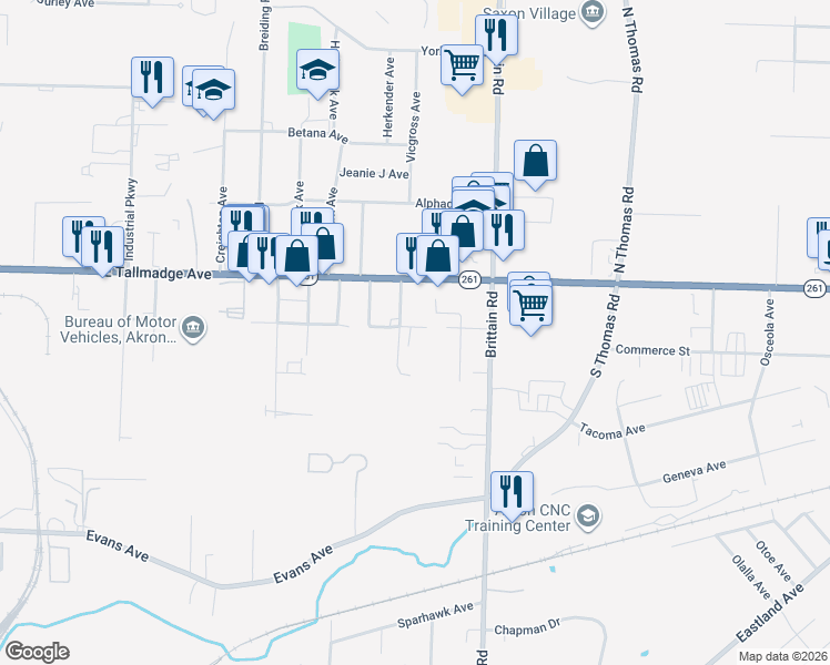 map of restaurants, bars, coffee shops, grocery stores, and more near 1325 Blackstone Avenue in Akron
