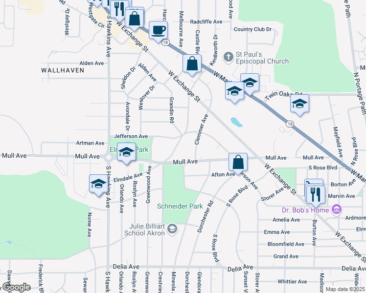 map of restaurants, bars, coffee shops, grocery stores, and more near 222 Clemmer Avenue in Akron