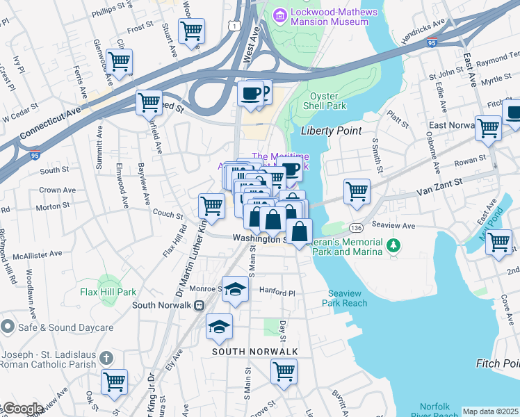 map of restaurants, bars, coffee shops, grocery stores, and more near 44 North Main Street in Norwalk