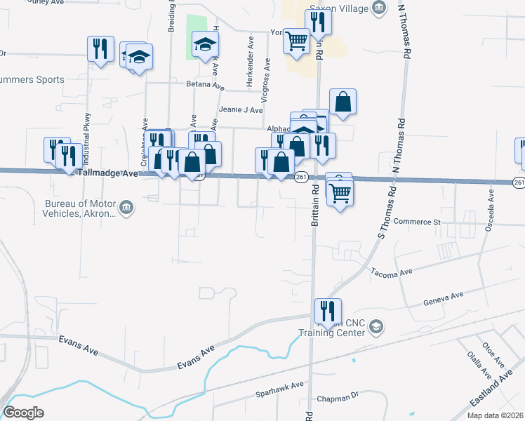 map of restaurants, bars, coffee shops, grocery stores, and more near 1325 Blackstone Avenue in Akron