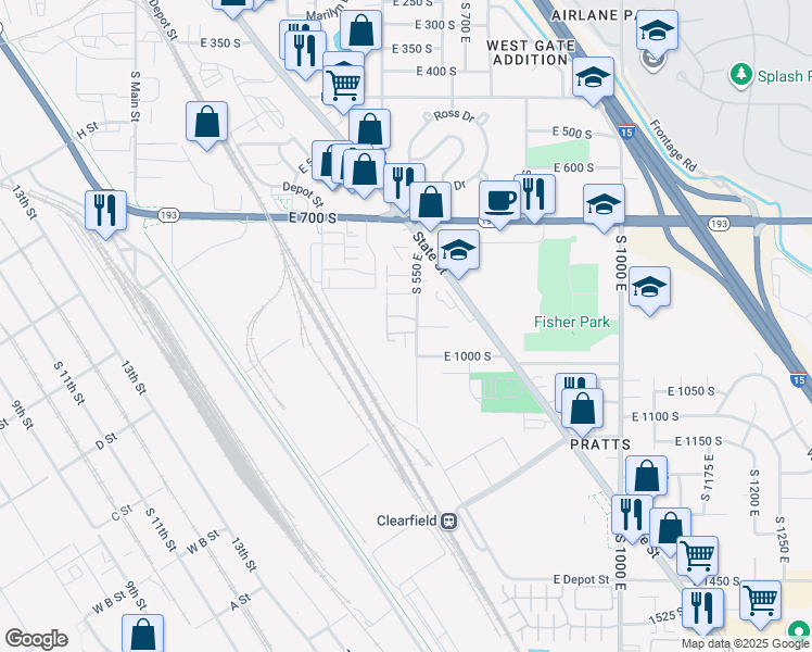 map of restaurants, bars, coffee shops, grocery stores, and more near 960 South 550 East in Clearfield